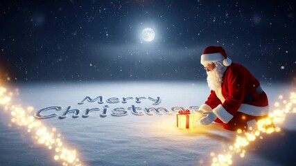 Merry Christmas Scene With Heart Shaped Lights, Santa, And Snow Under Moon