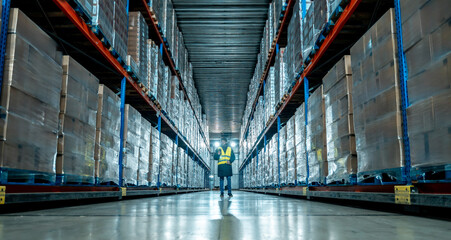 Worker managing cold storage warehouse logistics inventory