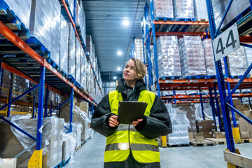 Woman inspecting inventory in cold storage warehouse