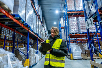 Woman working in cold storage logistics warehouse checking inventory