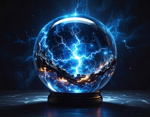 Glowing crystal ball with electric energy and dark rock formation