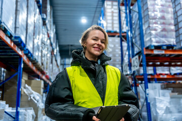 Woman worker smiling in cold storage warehouse