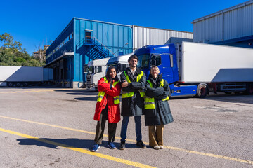 Logistics team workers standing at cold storage warehouse