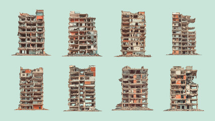 Set of Demolished Urban Buildings Isolated on Pastel Background