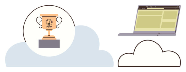 Golden trophy symbolizing achievement, open laptop, and cloud shapes indicating digital connectivity and success. Ideal for innovation, technology, business growth, goals, digital tools