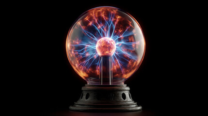 plasma globe emitting electric plasma arcs with glowing light and a reflective metallic base, showcasing energy movement, science technology concept, and futuristic aesthetics