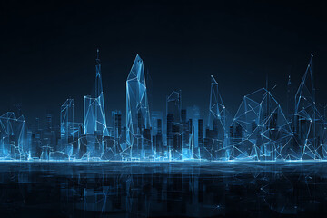 Futuristic city skyline with glowing network connections, perfect for tech innovation, smart city concepts, and modern urban development projects