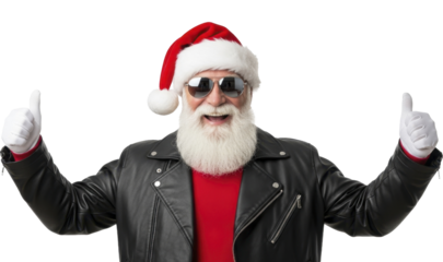 Senior man with Santa hat and leather jacket thumbs up on a transparent background PNG image PNG file