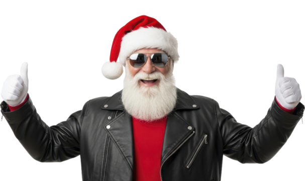 Senior man with Santa hat and leather jacket thumbs up on a transparent background PNG image PNG file