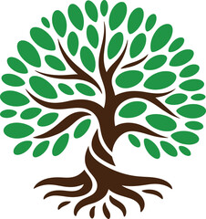 Whimsical swirling green tree of life with intricate roots and branches