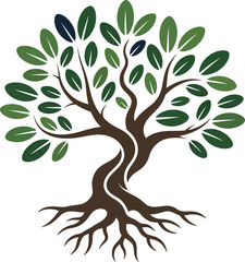 Stylized tree with intricate roots and lush green leaves artistic representation