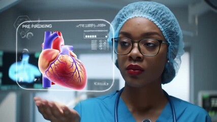 African American Female Doctor Examines Holographic Human Heart with Advanced Medical Technology in Futuristic Hospital - Powered by Adobe