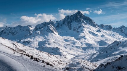 Fototapeta premium Snowy peaks rise majestically under a clear sky inviting adventurers to explore the wintry landscape.