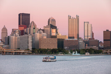 Cityscape of Pittsburgh, Pennsylvania. Allegheny Monongahela Ohio Rivers in Background. Ferry