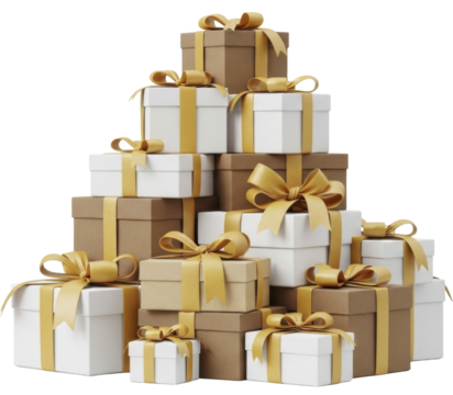 Heap of Stacked Holiday Gift Boxes with Gold Ribbons on a Transparent Background PNG image