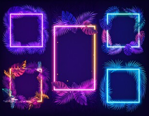 Neon tropical frames glowing in vibrant colors with monstera and palm leaves on a dark background, arranged in a grid layout for modern design aesthetics.