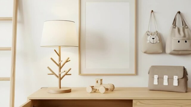 A 4k rendering shows a table lamp shaped like a tree sitting on a wooden desk in a child's bedroom with a blank frame above it against a white wall.