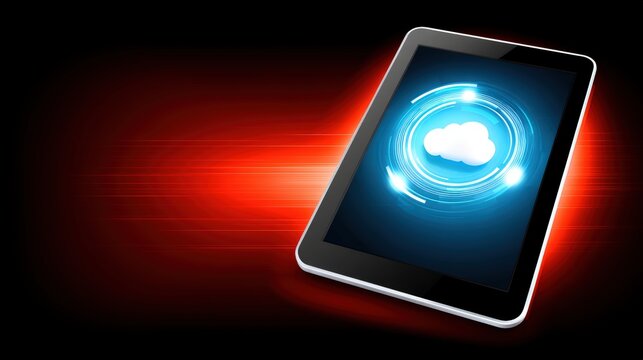 A glowing secure cloud storage icon on a tablet, surrounded by digital scam alerts, dark background with neon highlights, copy space on the right, advertising style
