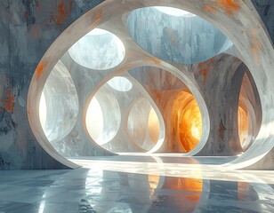 Interior with organic shapes and light illuminating the space