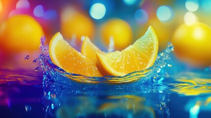Slices of fresh orange splash into water creating vibrant ripples