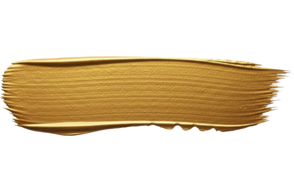 Golden metallic paint brush stroke swatch on a transparent background PNG image.