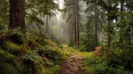 Obraz premium A serene path winds through a foggy forest filled with vibrant ferns and tall trees inviting nature lovers.