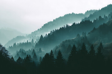 Misty forest landscape with vibrant evergreens creating a serene, peaceful scene perfect for travel, wellness, or nature-themed projects