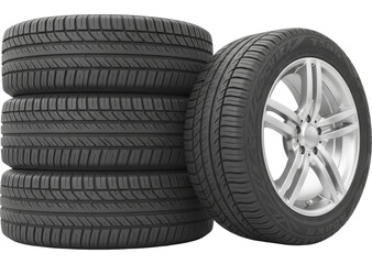  New automobile tires stacked with a single car wheel and rim displayed on a transparent background, PNG image