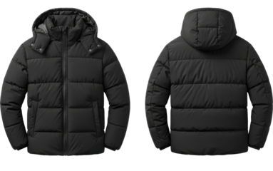 Modern Dark Puffer Jacket Front and Back Views Hooded Winter Outerwear on a transparent background, PNG image, PNG file