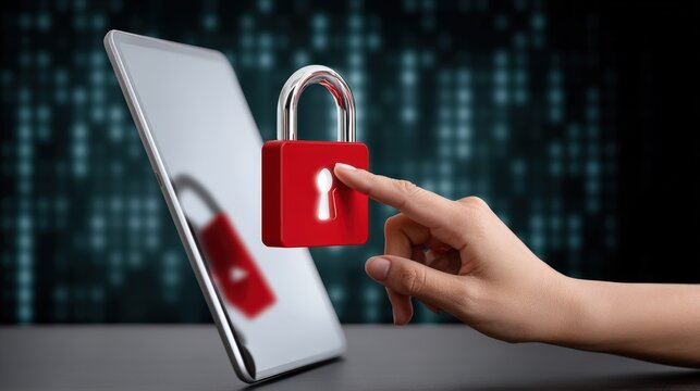 A glowing secure shopping app on a tablet, set against a digital matrix with scam warnings, copy space on the right, high-tech advertising style