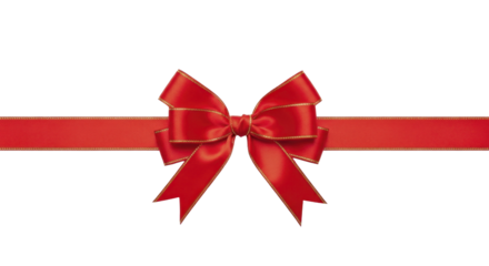  Red satin gift bow with gold trim and ribbon strip on a transparent background PNG file