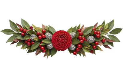 Festive holiday garland with red berries, green leaves, pinecones, and carved red flower, PNG image