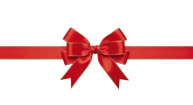 Red satin gift bow with gold trim and ribbon strip on a transparent background PNG file