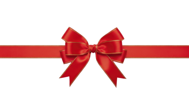  Red satin gift bow with gold trim and ribbon strip on a transparent background PNG file - Powered by Adobe