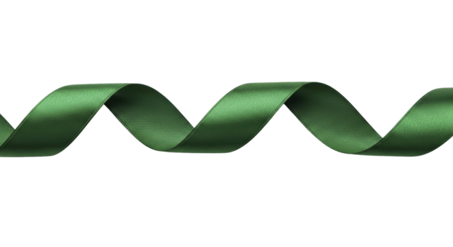  Curled green satin ribbon wavy streamer on a transparent background PNG file