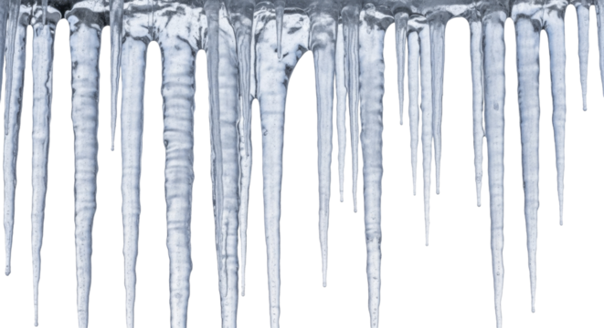 Row of Frozen Icicles Hanging from an Overhead Surface, Winter Weather Ice Formation on a Transparent Background, PNG File