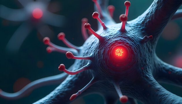 Neuron with glowing red dopamine receptor in closeup 3D render