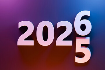 White 3D numbers 2025 and 2026 on a colorful pink blue gradient background, symbolizing New Year celebration, time change, future, and new beginnings.