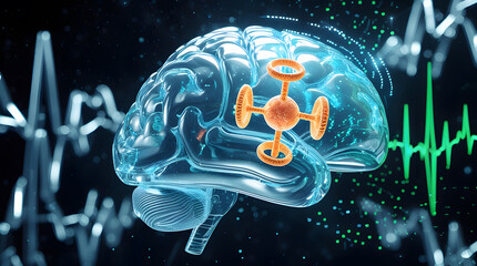 Translucent digital brain with orange virus model and green heartbeat line in dark background