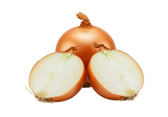 A whole and bisected brown onion, showing papery skin, crisp white layers, and rootlets, on a transparent background with bokeh. Concept of natural, high-quality culinary ingredients