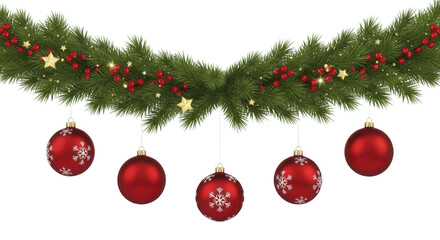  Festive Christmas garland with red ornaments, berries, and gold stars on a transparent background, PNG image