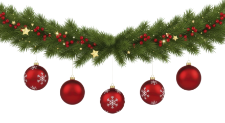  Festive Christmas garland with red ornaments, berries, and gold stars on a transparent background, PNG image