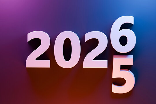 White 3D numbers 2025 and 2026 on a colorful pink blue gradient background, symbolizing New Year celebration, time change, future, and new beginnings.
