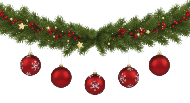  Festive Christmas garland with red ornaments, berries, and gold stars on a transparent background, PNG image
