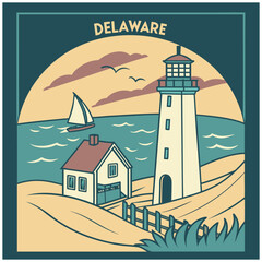 Delaware Coastal Scene Featuring Lighthouse, Beach House, and Sailboat