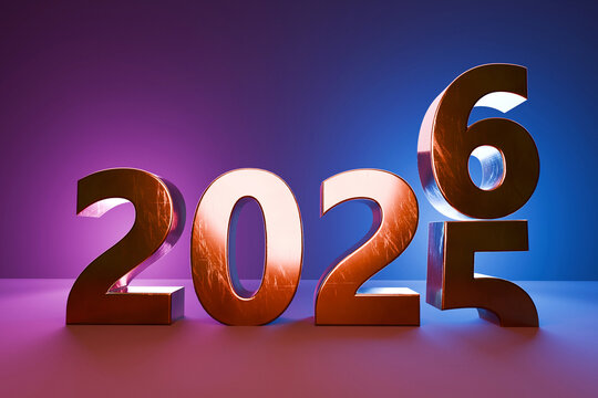 Golden 3D numbers transitioning from 2025 to 2026, symbolizing New Year celebration, future, progress, and change, with vibrant purple and blue lighting background. 2026, creative idea. - Powered by Adobe