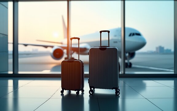 Two suitcases at forefront of airport terminal, luggage that stands ready for travel on airplane prepares for takeoff background, airport terminal, global tourism, travel blogs and advertisements