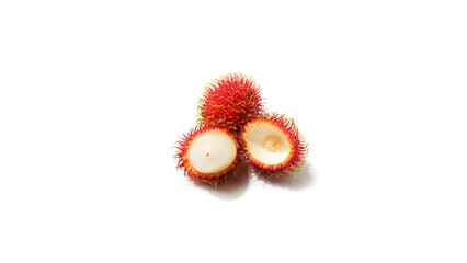 Fresh tropical rambutan fruit isolated on a white background. Close-up of vibrant red hairy rambutan with peeled fruit showing juicy white flesh inside.