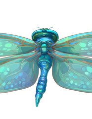 Um inseto libélula azul vibrante com asas translúcidas detalhadas em um fundo branco