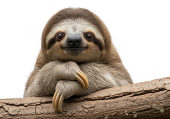 Adorable smiling sloth on branch png image for graphic design projects and digital art, lazy sloth clipart, cute animal illustration, isolated on transparent background